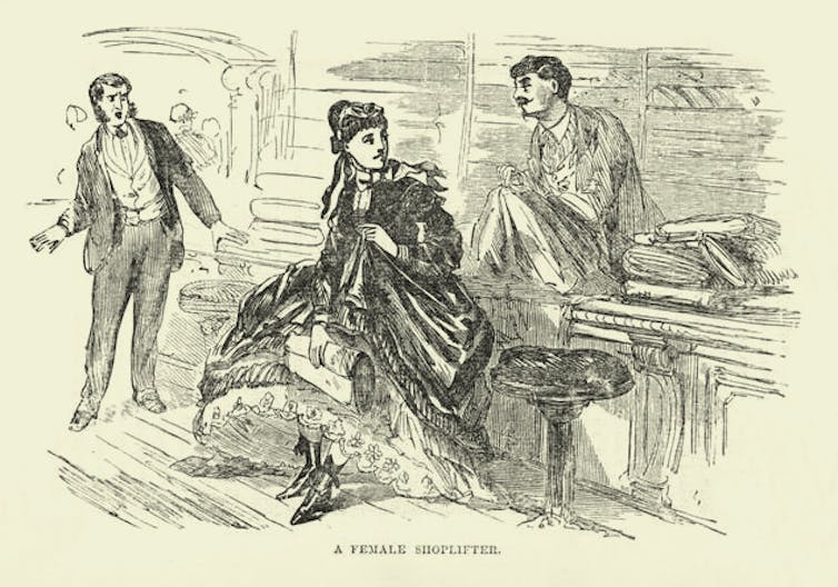 Illustration of a woman concealing a rug under her long skirt while two shop assistants look on.