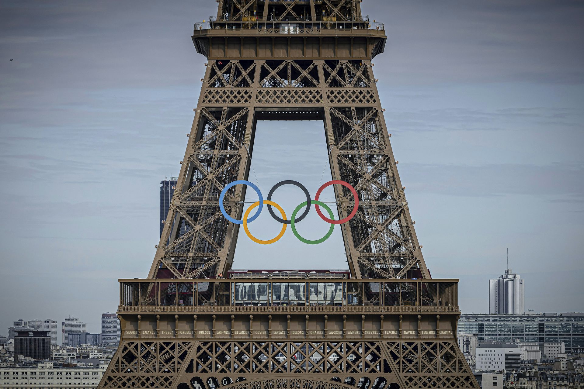 Cropped shot of the Eiffel Tower with the Olympic rings