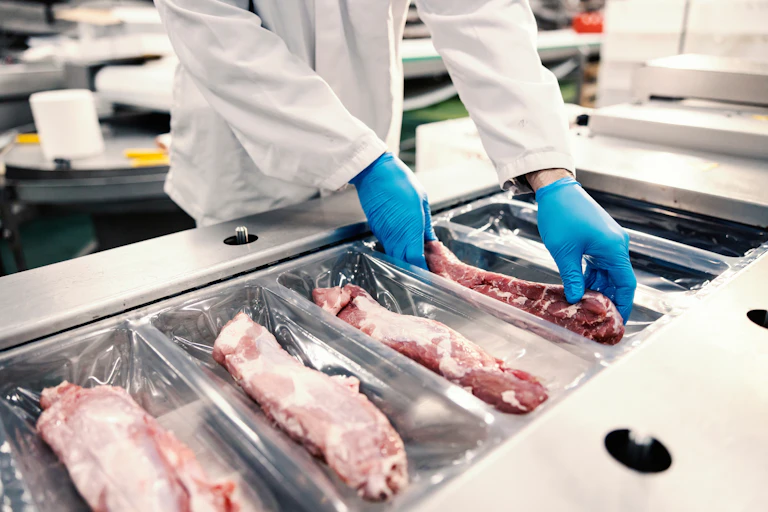 Close up of a pair of gloved hands placing a tray of raw meat on a conveyer belt in a processing plant