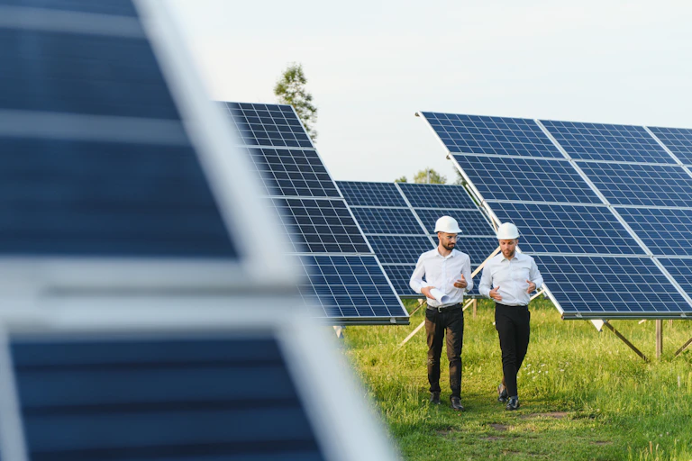 two businessmen walkiong in between solar panels