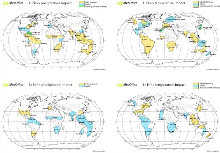 A comparison of four globes showing effects of El Niño and La Niña on temperature and rainfall in Africa.