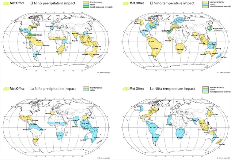 A comparison of four globes showing effects of El Niño and La Niña on temperature and rainfall in Africa.