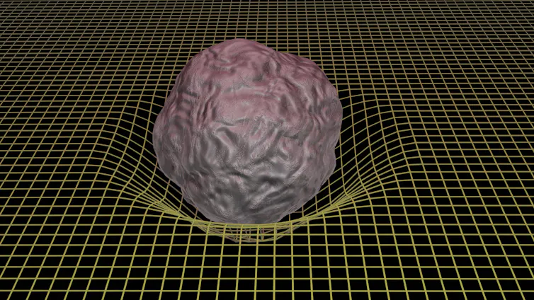 A 3D illustration of how the fabric of space is warped by an object