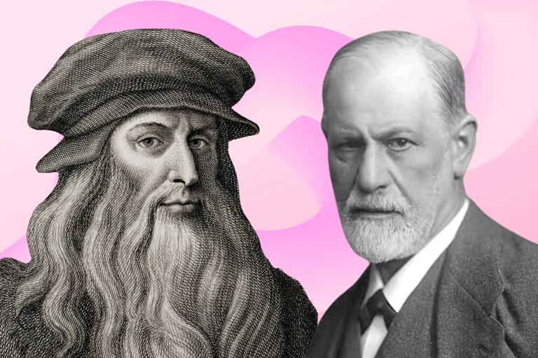 Black and white image of Da Vinci and Freud on pink background