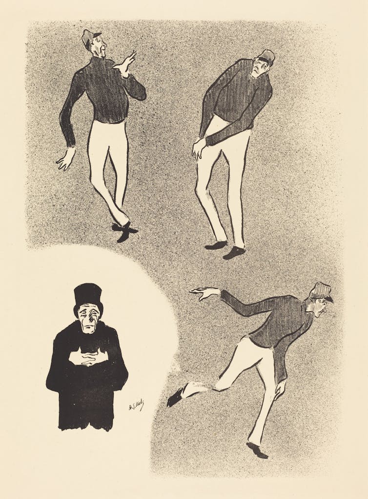 A sketch of four clowns.