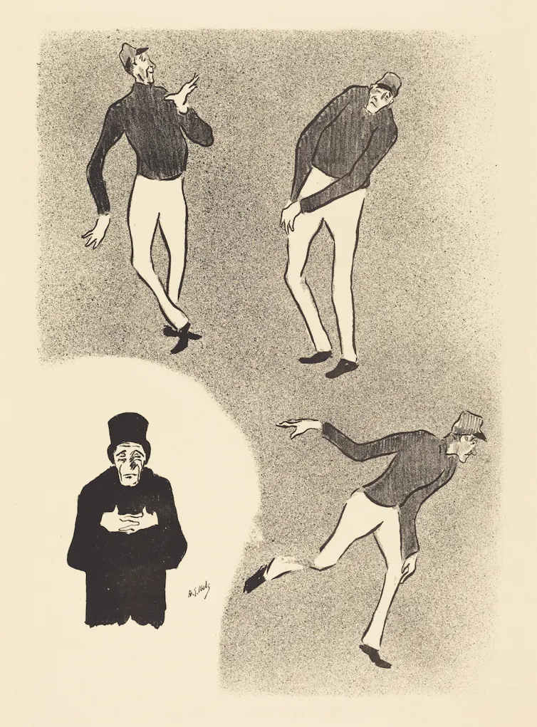 A sketch of four clowns.