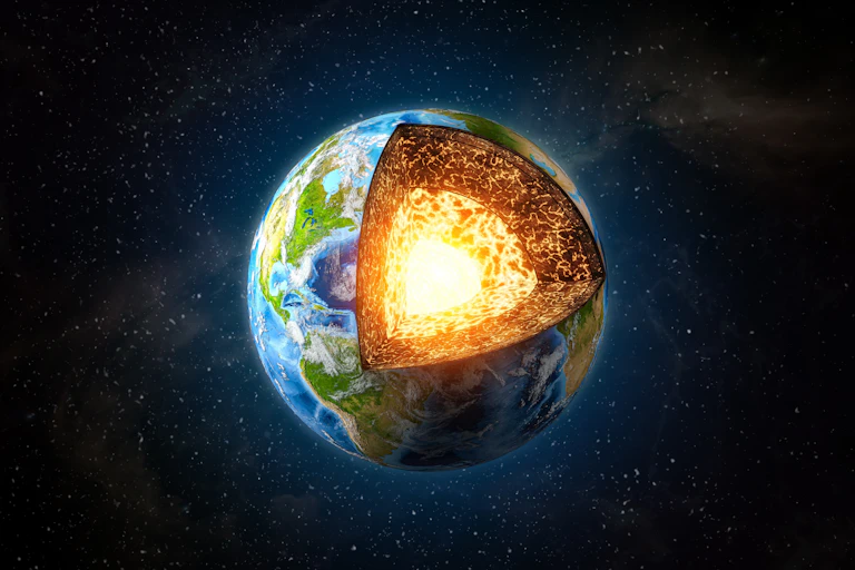 Earth core structure. Cross section of planet with visible layers on space backround.Elements of this image furnished by Nasa.