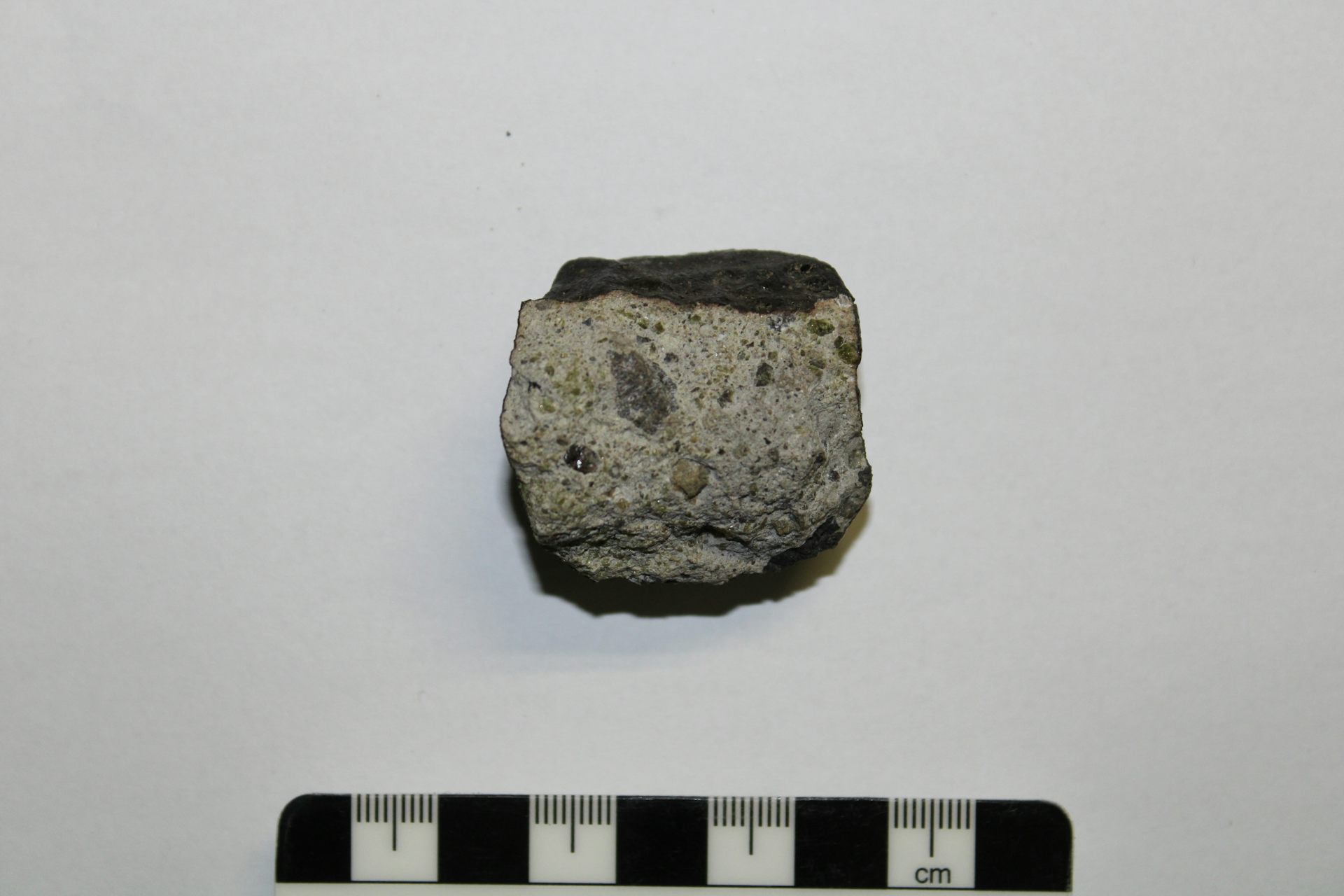 A small greyish-black rock placed above a scale bar