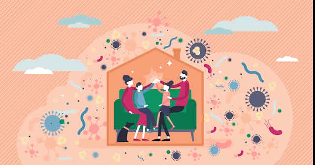 A cartoon family sits on a couch inside a small home. They're surrounded by viruses and other microbes outside.