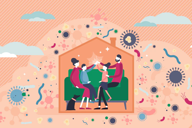 A cartoon family sits on a couch inside a small home. They're surrounded by viruses and other microbes outside.