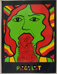 A piece of art called Protest showing a woman with red hair and green face vomiting images of opression from her mouth.