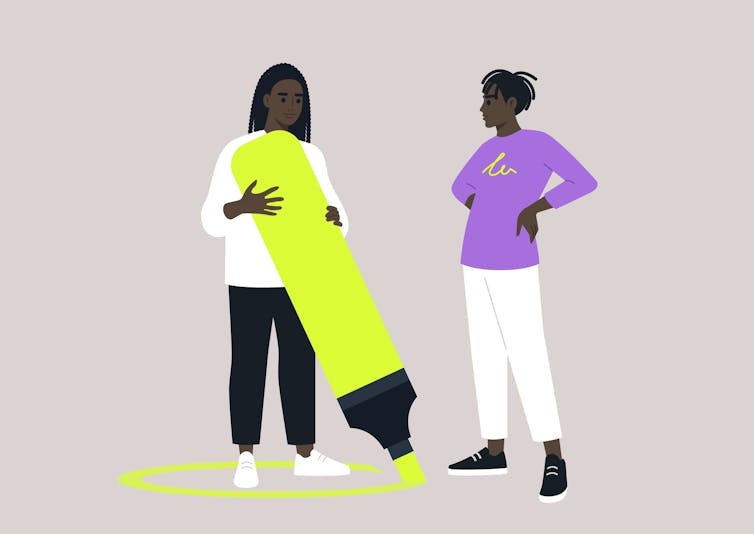 A graphic of a person using a large highlighter to draw a circle around themselves. Another person stands next to them outside the circle.