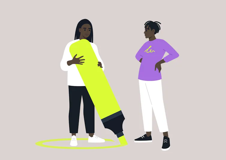 A graphic of a person using a large highlighter to draw a circle around themselves. Another person stands next to them outside the circle.