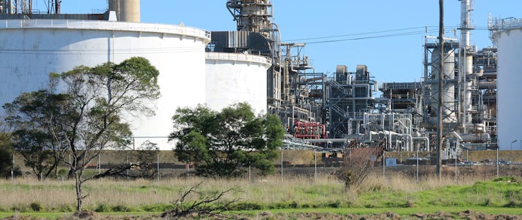 Fuel storage tanks an an oil refinery.