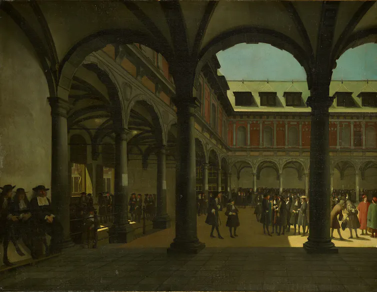 A Renaissance-era painting of a courtyard.