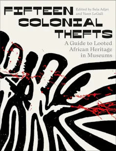 A book cover with a black and white illustration of typical African-style figures but with weapons spraying red blood.
