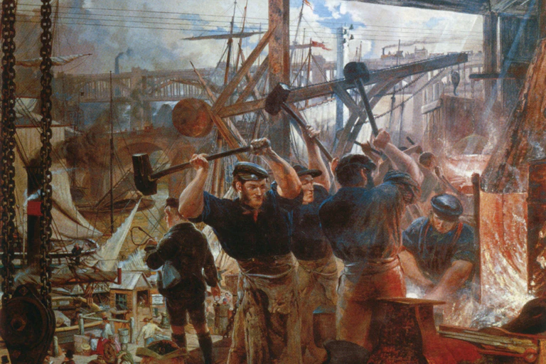 A painting depicting an iron forge.