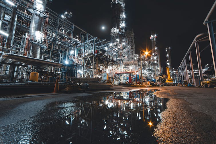 An oil refinery at night.