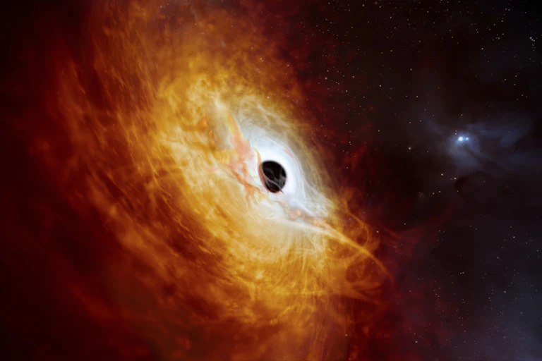 An illustration of a black hole, shown as a small dark circle, surrounded by a swirling cloud of gas.