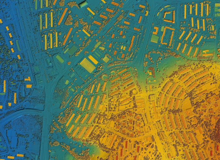 A colorful map of the digital elevation of a city.
