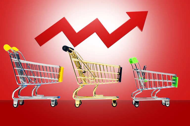3D rendering of shopping carts from supermarket with an upward pointing arrow symbolizing rising prices.