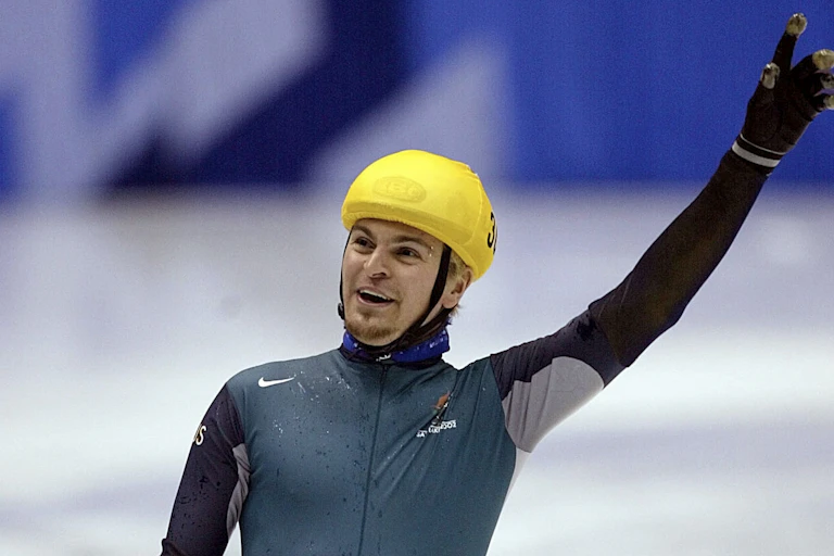 Steven Bradbury celebrates his unexpected Winter Olympics gold medal