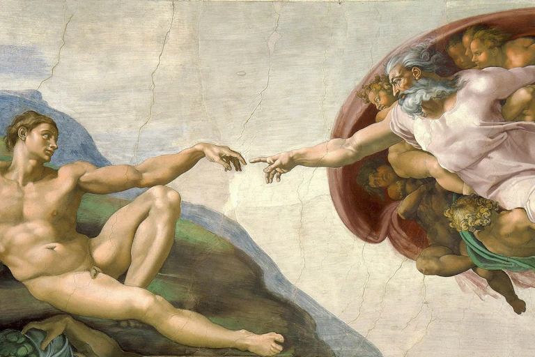 A painting of a naked man, lounging, who stretches out his finger toward the extended finger of a gray-haired man in a pink robe, surrounded by angels.
