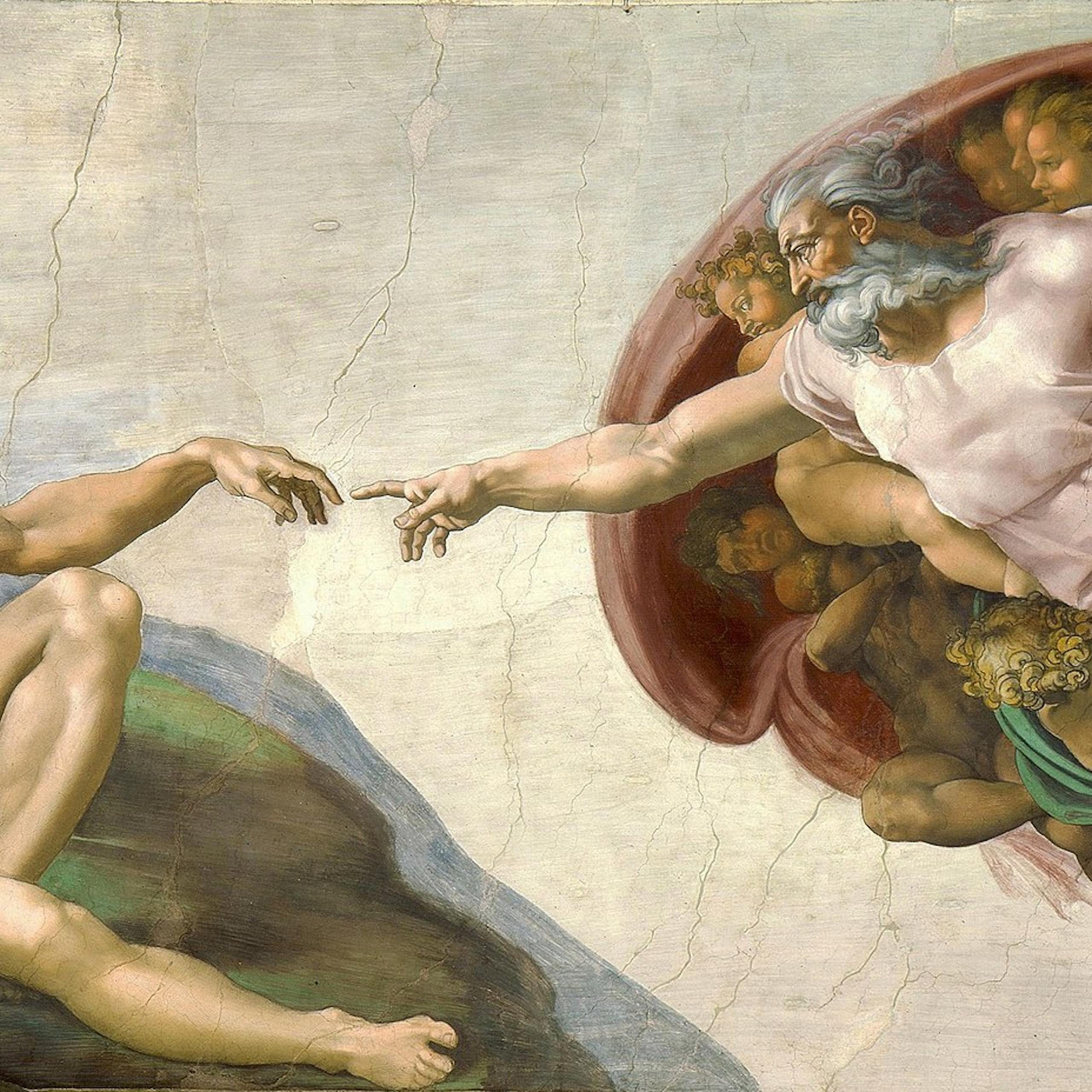 A painting of a naked man, lounging, who stretches out his finger toward the extended finger of a gray-haired man in a pink robe, surrounded by angels.