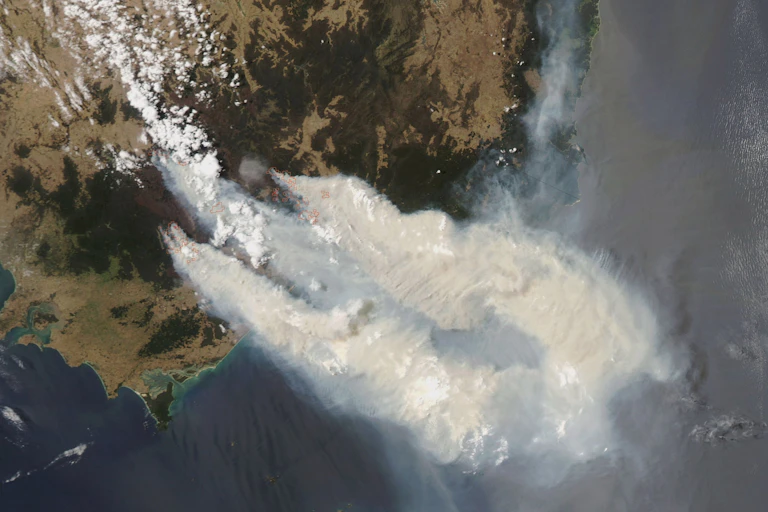 A satellite imageshows smoke from bushfires streaming out from the Australian coast.