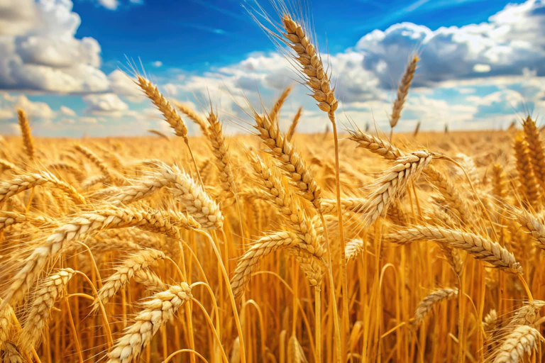 golden field of wheat, blue sky in background