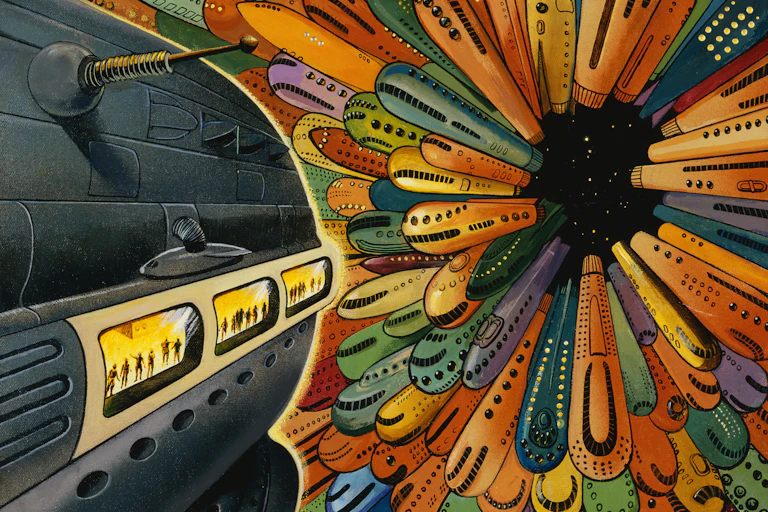 Psychedelic painting of multicolored spaceships.