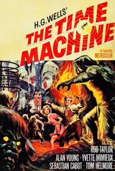 Movie poster featuring a distressed young woman and a young man holding a torch trying to fight off approaching humanoids.