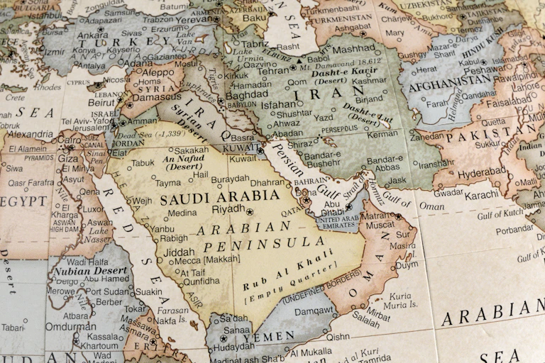 A close-up of a map showing the Middle East