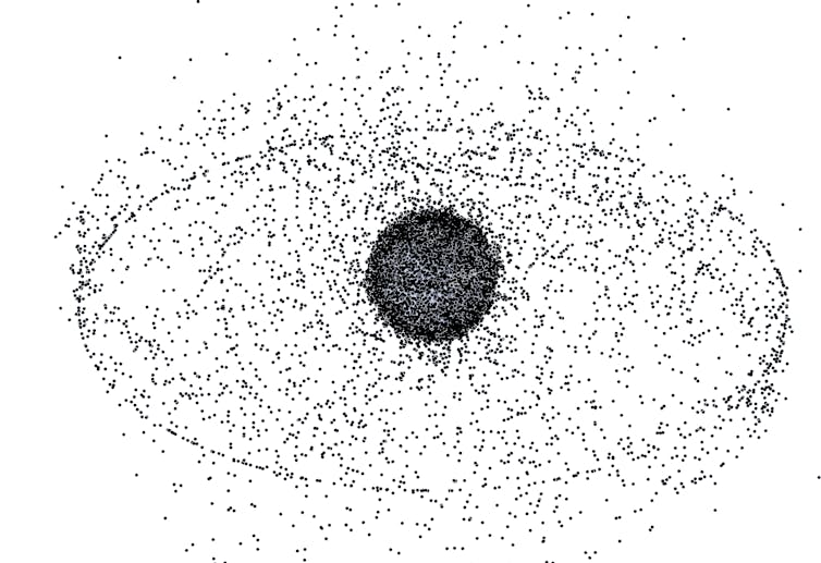 An illustration of orbital debris, man-made objects in orbit around Earth that no longer serve a useful purpose.