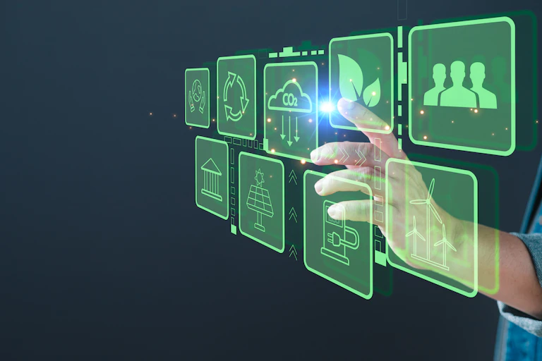 hand touching a hologram screen representing different environmental concepts