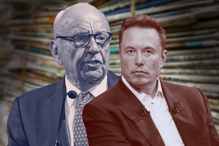 Rupert Murdoch and Elon Musk in front of a blurry image of stacked newspapers