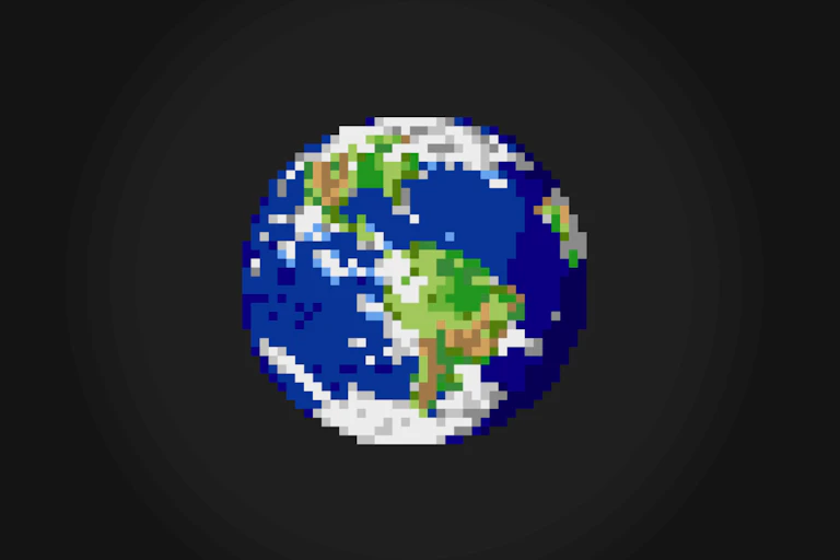 A pixel earth graphic on a black background.