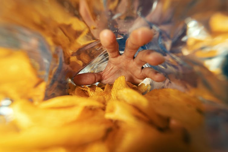 A hand reaching for potato crisps seen from inside the packet.