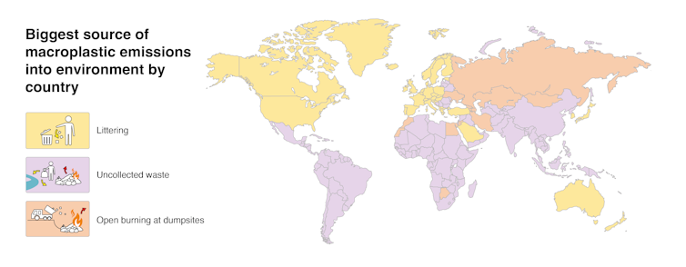 world map - yellow countries littering, purple developing countries mainly uncollected waste and some orange for open burning at dumpsites