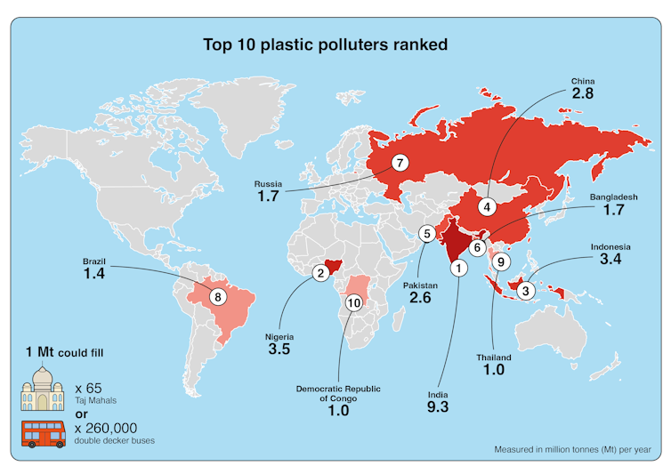 world map, certain countries eg India marked red as top polluters
