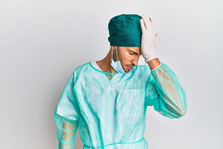 Man in scrubs slapping his forehead in disbelief