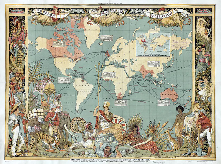 Un mapa de 1886 hecho por Walter Crane en el que se muestran, en rojo, las áreas controladas por el Imperio británico.
