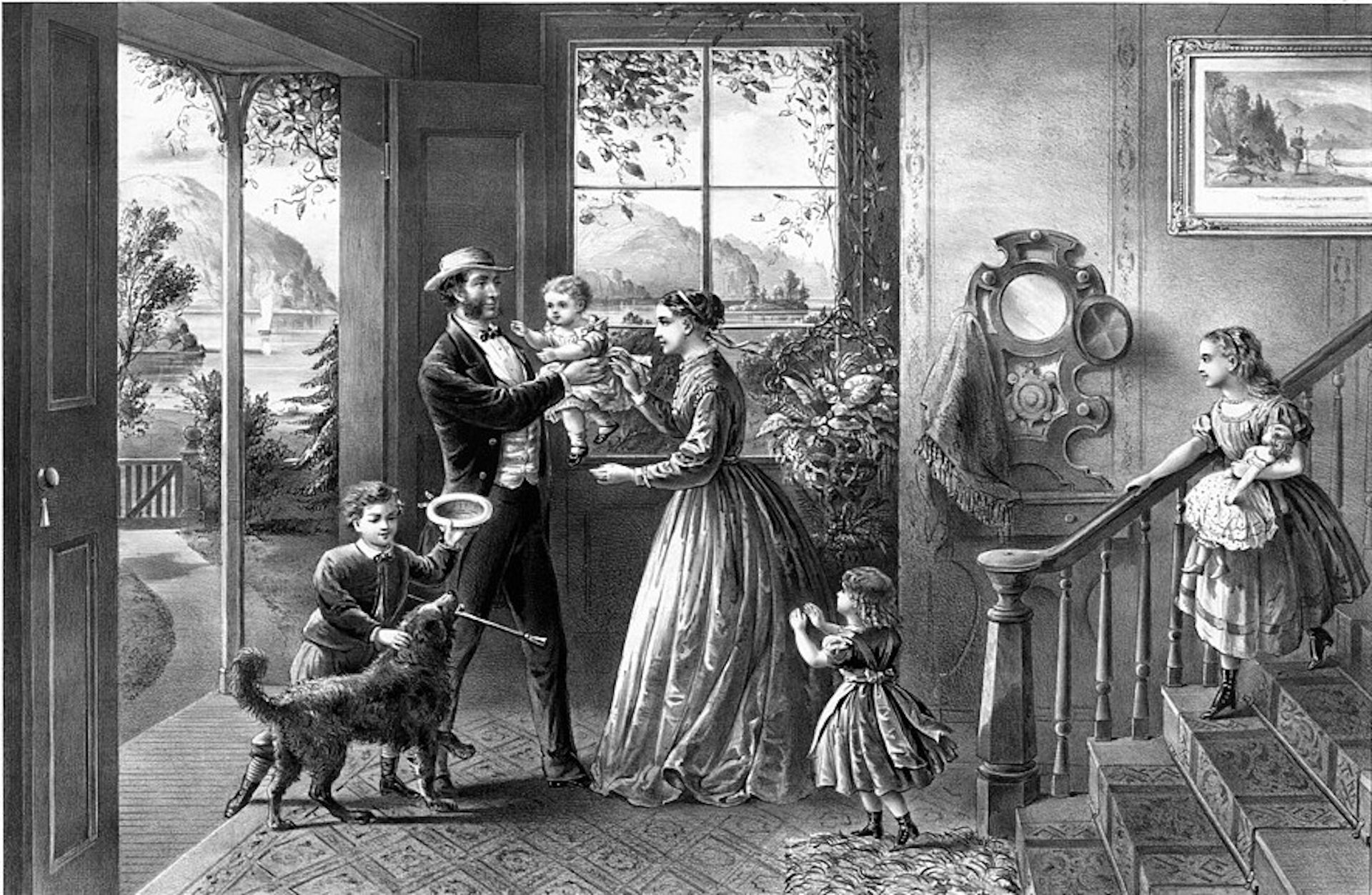 Una mujer y sus hijos reciben a un hombre al llegar a casa.