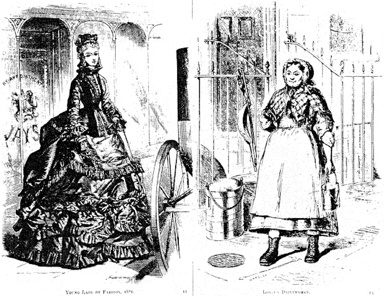 Dibujos de una mujer con un vestido elegante y otra con ropa de trabajo.