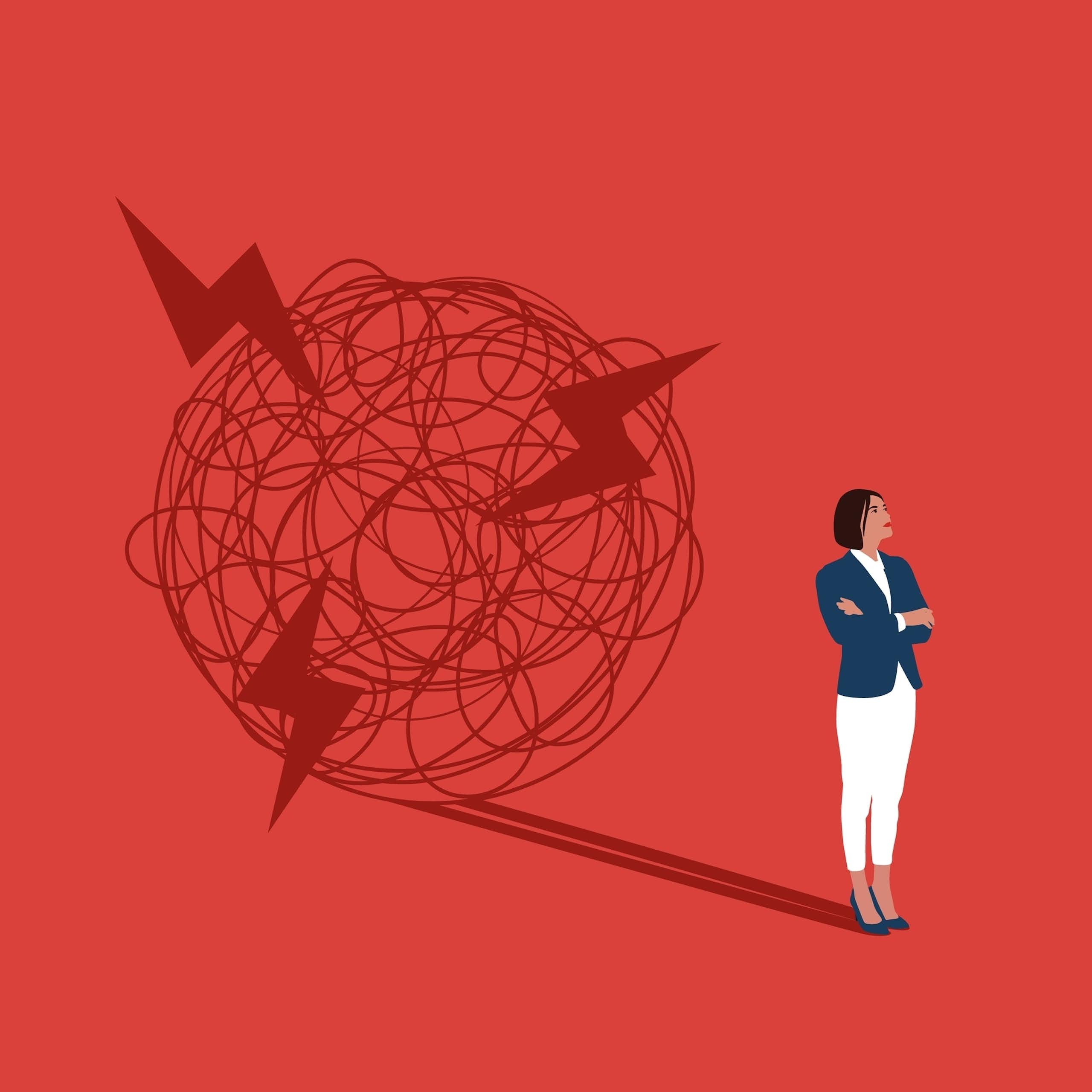 An illustration of a woman standing with her back to a ball of messy squiggles and lightening bolts, suggesting chaos.