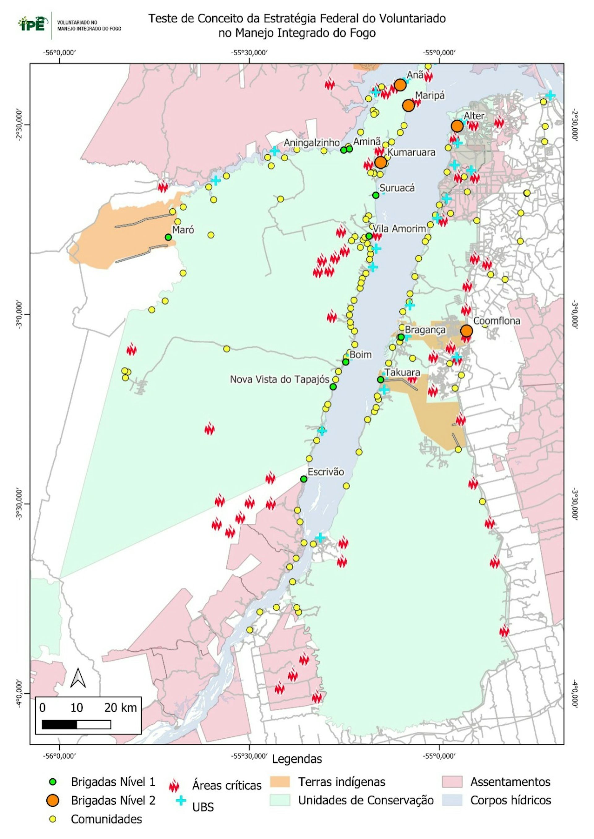 Mapa das comunidades, brigadas e áreas críticas do Baixo Tapajós