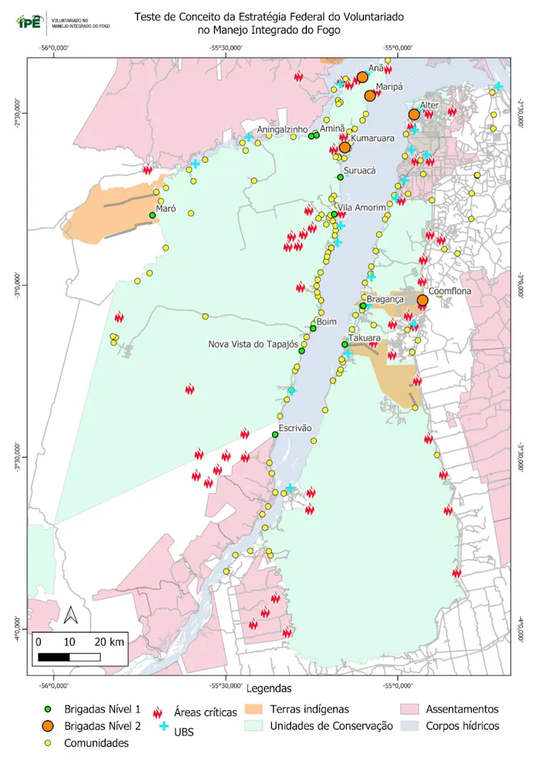 Mapa das comunidades, brigadas e áreas críticas do Baixo Tapajós