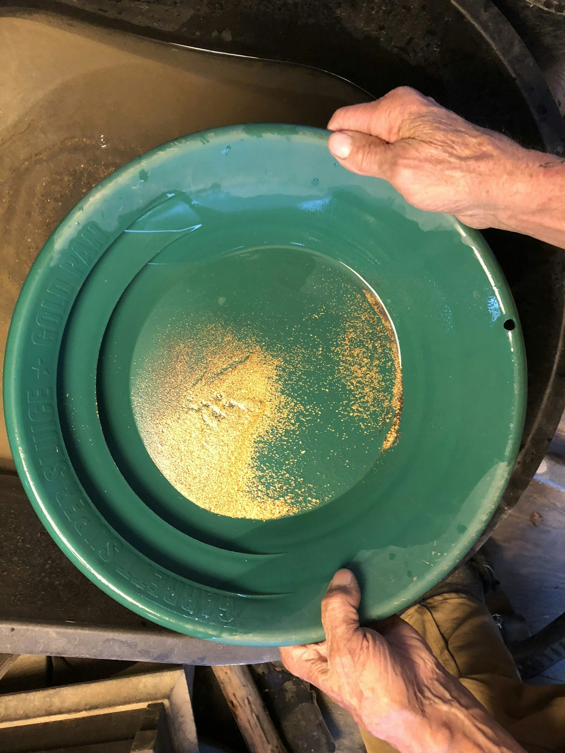 A person holds a gold pan.