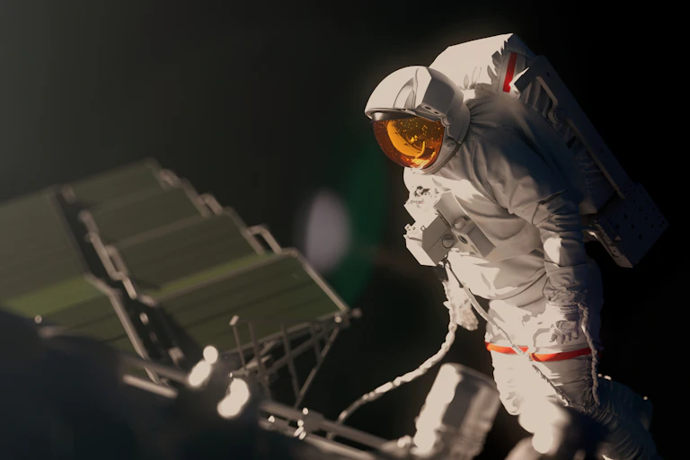 Ilustrasi seorang astronaut yang berdiri di atas pesawat ruang angkasa, mengenakan pakaian antariksa.