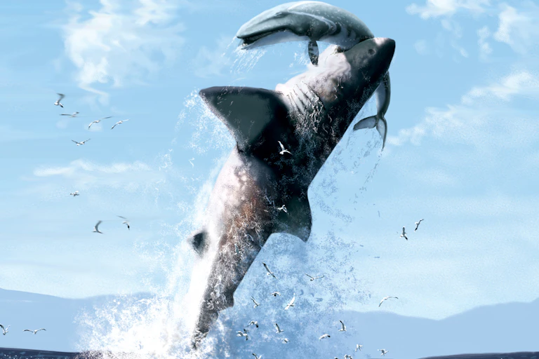A giant shark leaping into the air, with a fish in its jaws